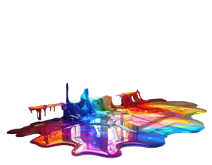 Vibrant, glossy abstract art piece showcasing a puddle of merged, rainbow-colored paint against black