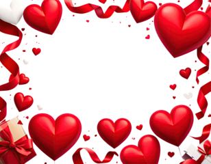 A vibrant frame of red hearts and ribbons on a black background, with gift boxes adding a festive touch