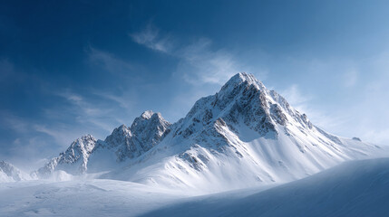 Obraz premium Majestic snowcovered mountain peaks under a bright blue sky. A powerful scene conveying adventure, challenge, and tranquility. Great for travel, nature or outdoors theme.