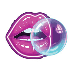 Neon Pink Lips Blowing Bubble Gum Pop Art Vector
