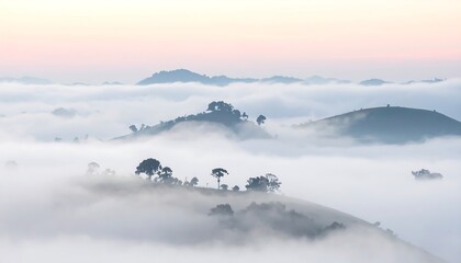 Rolling hills partially submerged in soft, early morning fog