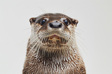 A cute and playful otter with a shiny coat and expressive eyes gazes curiously at the camera, exuding a sense of innocence and charm against a clean white backdrop  