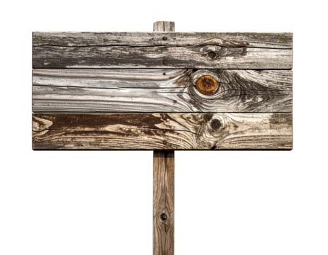 Old empty wooden sign with arrow on brown pole isolated on white background