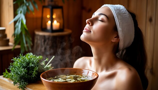 Woman enjoying a moment of tranquility and self-care with steaming herbs, promoting relaxation and wellness in a spa environment