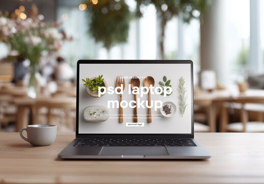 Front view laptop mockup in a restaurant or cafe mockup