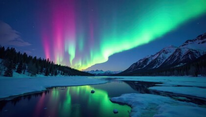 Vibrant aurora borealis dances above frozen lake , Lake, Purple
