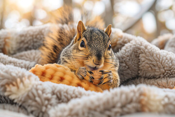 A cute squirrel happily enjoying a tasty nut in the comfort of its cozy drey  