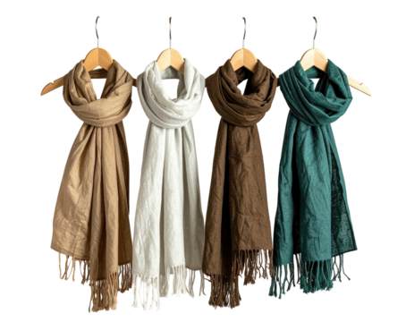 Four colorful, fringed, draped scarves on wooden hangers against a dark background