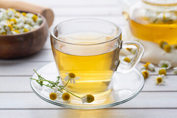 Cup of herbal chamomile tea and daisy flowers.