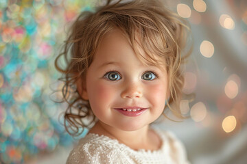 A delightful three-year-old girl shines on canvas, her portrait exuding pure joy and innocence; her infectious smile lights up room, enchanting everyone who gazes upon her with its radiant warmth and 