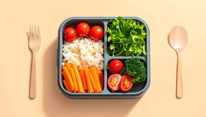 Healthy lunchbox with rice, vegetables, and fruit