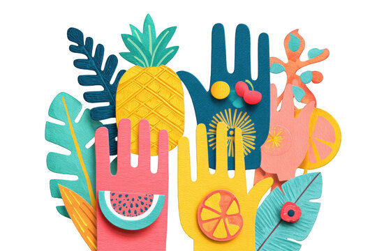 Colorful hands holding fruit and tropical leaves