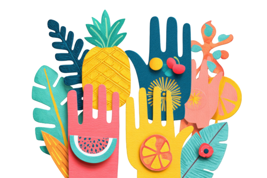 Colorful hands holding fruit and tropical leaves