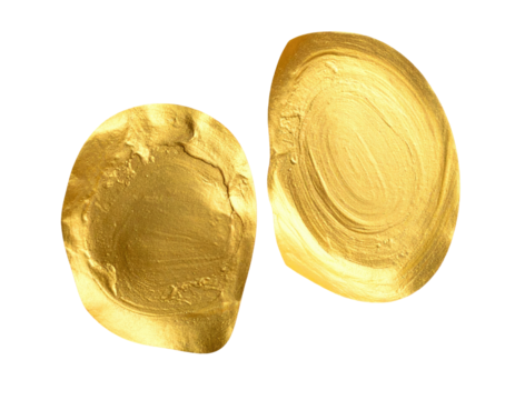 Two abstract, shiny, golden oval shapes, against a stark, solid black background