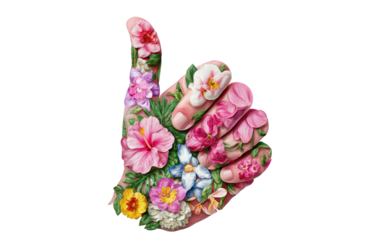 A hand adorned with various flowers