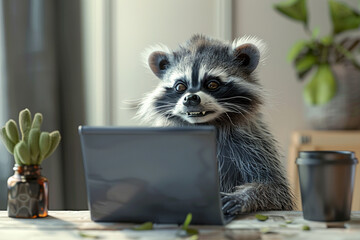 A diligent 3D raccoon monkey diligently working on his laptop with a focused expression and dedicated posture, exuding productivity and professionalism in a tech-savvy office environment  