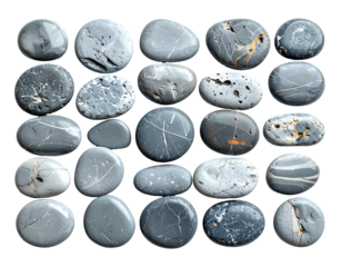 Arrangement of smooth, gray river stones on a black background, showing textures and details