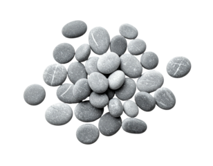 A collection of smooth, gray river rocks, artfully arranged against a stark black background