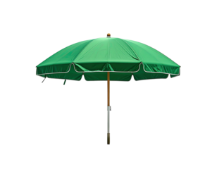 A vibrant green umbrella with wooden pole and a white trim edge against a solid black background