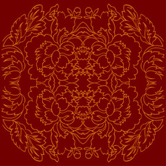 Elegant golden floral ornament vector pattern on red background with symmetrical decorative design for luxury artwork