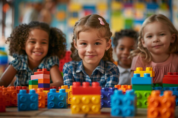 A diverse group of school friends, hailing from different backgrounds, enthusiastically come together to participate in a fun and interactive playtime using colorful toy blocks in their lively and eng