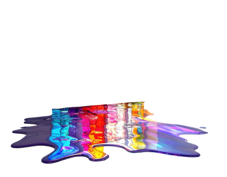 A stylized puddle of vibrant colors. Reflective, distorted, and glitch-like. Black background