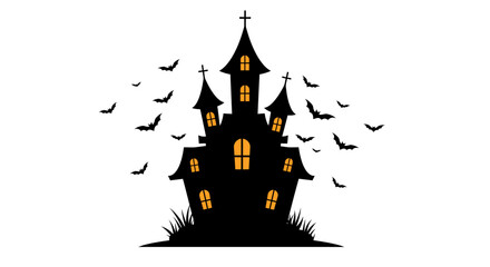 Spooky halloween haunted mansion silhouette with flying bats and glowing windows for spooky seasonal celebrations isolated on white background