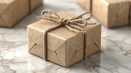 A lovingly wrapped surprise gift waits to be opened tied with rustic twine on elegant marble bathed in soft studio light
