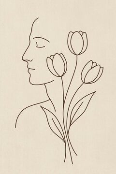 Minimalist line art abstract woman with tulip flowers illustration