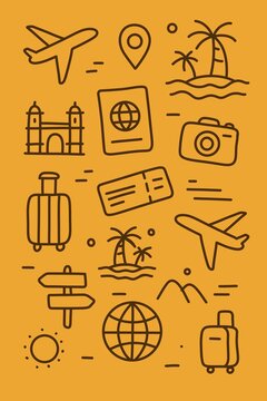 Travel icons illustration with airplane passport suitcase and holiday symbols