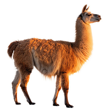 Majestic llama stands proudly bathed in warm golden sunlight, showcasing its fluffy coat and elegant profile
