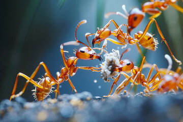A group of diligent ants working together to transport food back to their nest in an organized and efficient manner, showcasing teamwork and cooperation in the animal kingdom  