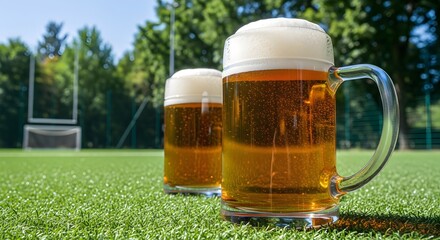 Two large beer mugs sit on the grass near a rugby field, perfect for a relaxing day of sports and refreshment