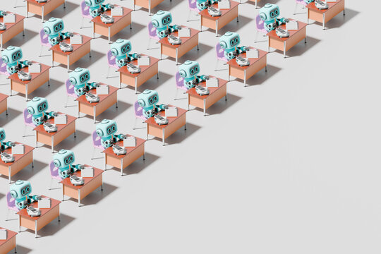 Multiple robots working at desks in a 3d office with computer coding