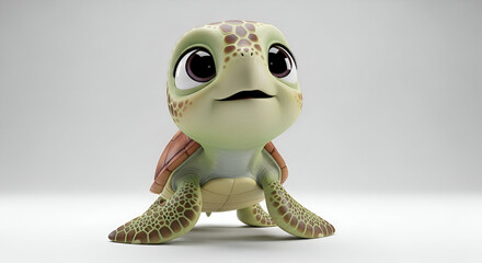 Adorable small baby sea turtle character looking up with wide eyes 3d digital illustration
