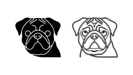 Pug head outline and solid shapes with transparent background