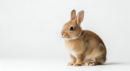 Cute fluffy brown baby rabbit sitting profile on white background studio shot isolated
