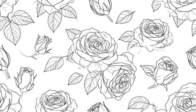 Monochrome line art pattern of roses, buds, and leaves - Powered by Adobe