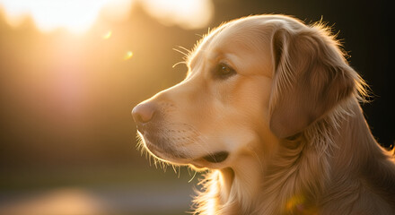 Golden labrador retriever dog side profile headshot in warm sunlight pet portrait background
