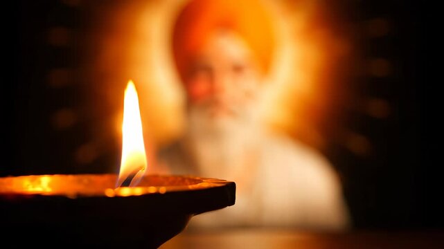 Illuminated Diya with Guru Nanak Dev Ji in Background, Celebrating the Festival of Light and Remembrance