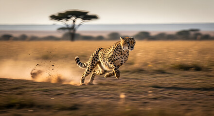 Fast african cheetah running hunting across the open savanna grasslands in motion wildlife photography