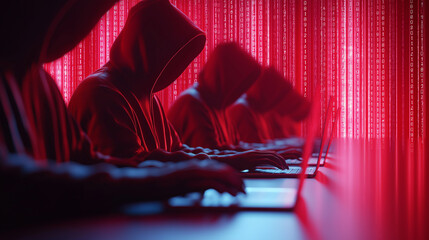 Row of hooded hackers using laptops in dark room with red binary code in background.
