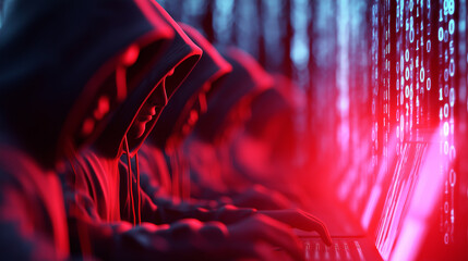 Row of hooded hackers using laptops in dark room with red binary code in background.
