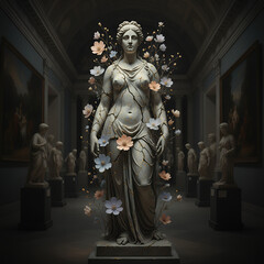 Marble Queen &ndash; Gallery Sculpture with Rose Garlands
An ancient statue set in a grand hallway adorned with modern rose garlands, fusing eras in beauty.