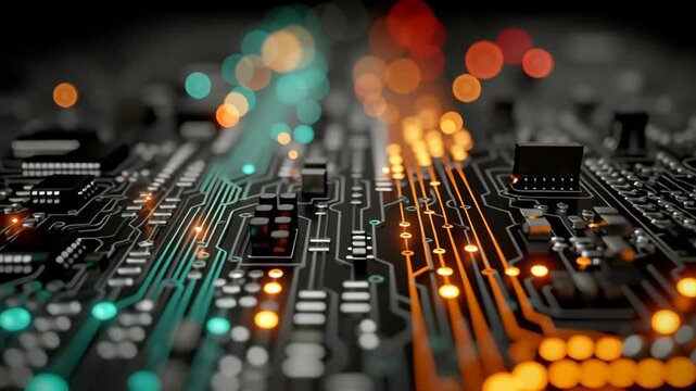 Futuristic Circuit Board with Glowing Lights and Bokeh Effect for Technology Visualization
