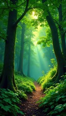 Fototapeta premium Dense emerald canopy, shadows dapple forest floor, moist, jungle scene