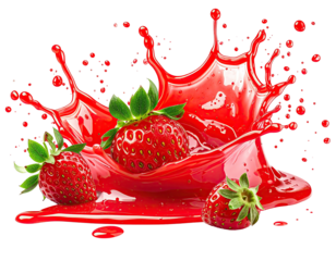 Vibrant splash of red liquid erupting around ripe strawberries, with green leafy stems and a black background