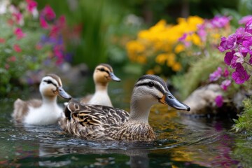 Ducks swimming in a tranquil garden pond surrounded by vibrant flowers and greenery