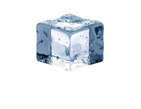 A translucent ice cube, with water droplets, against a stark black background, frozen solid