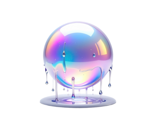 A glossy, iridescent sphere with liquid trails dripping onto a puddle against a black backdrop